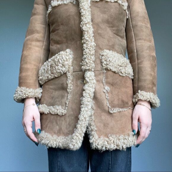 Vintage Womens Cottagecore Brown Tan Shearling Warm Winter Leather Jacket XS - Picture 8 of 10